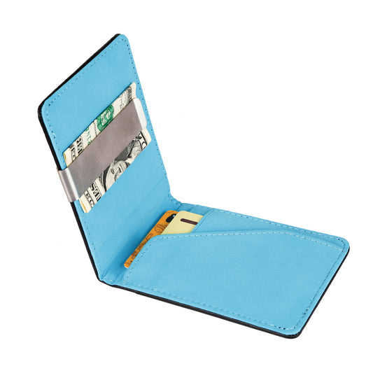 Unisex PU Leather Wallet RFID Blocking Slim Bifold Credit Card Holder with Money Clip - Blue -