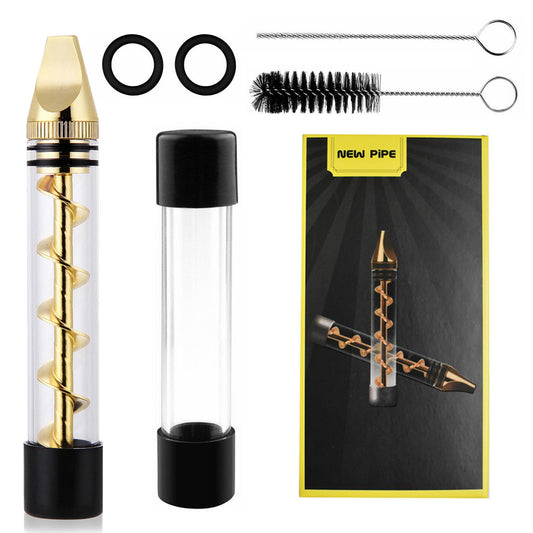 Glass Blunt Pipe Twisty 7-in-1 Grinder Blunt Kit w/ Smoking Metal Tip Cleaning Brush - Gold -