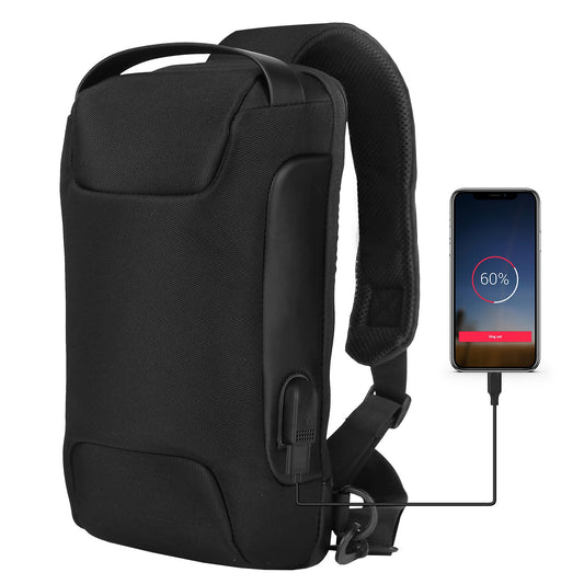 Men\'s Sling Backpack Waterproof Anti-theft Shoulder Crossbody Chest Bag Messenger Sling Bag Daypack w/ USB Charging Port - Black -