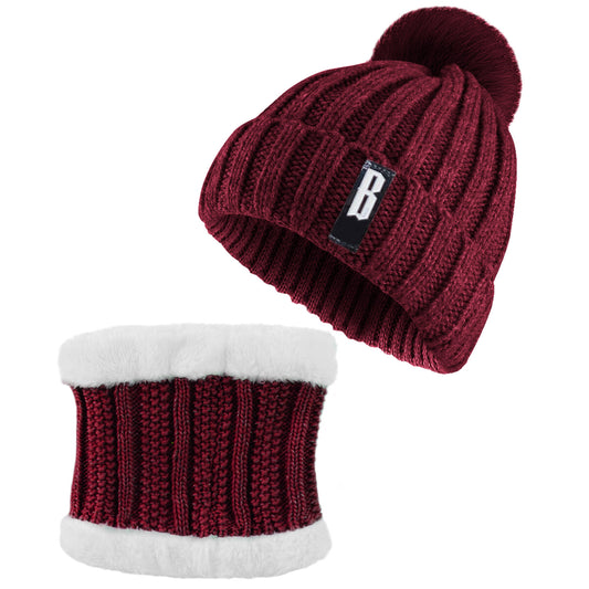 Winter Beanie Hat Scarf Set Women Warm Knitting Skull Cap Neck Warmer for Walking Running Hiking Camping Outdoors Gift - Red -