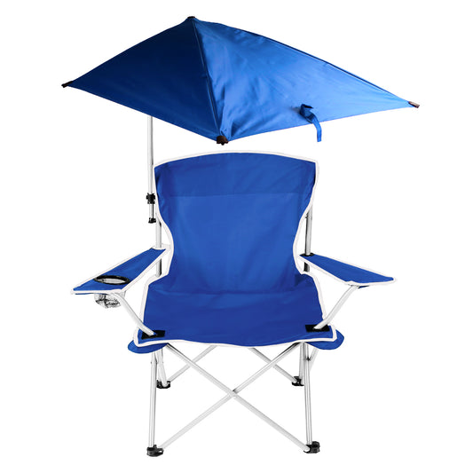 Foldable Beach Chair with Detachable Umbrella Armrest Adjustable Canopy Stool with Cup Holder Carry Bag for Camping Poolside Travel Picnic Lawn Chair - Blue -