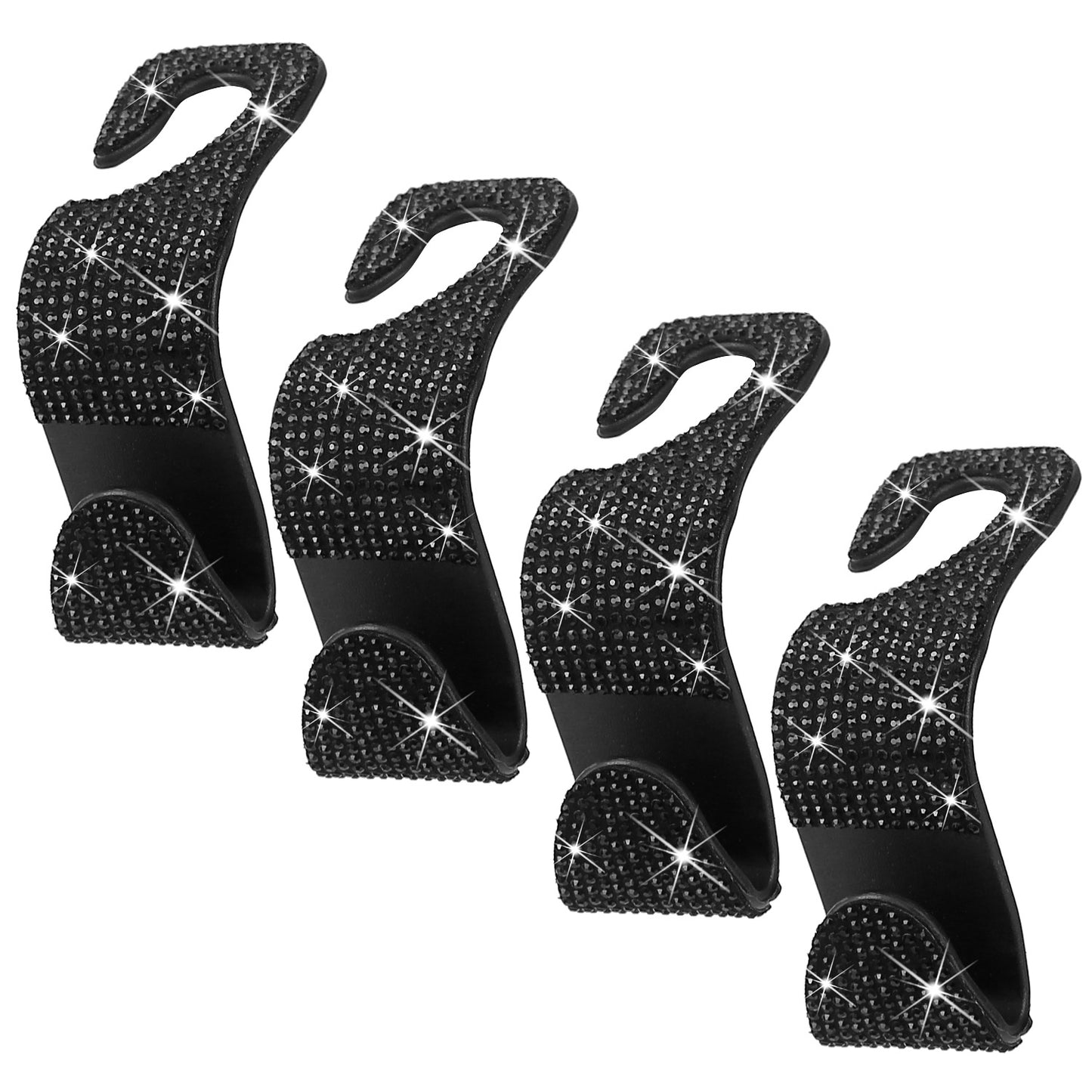 4Pcs Car Headrest Hooks Bling Rhinestones Back Seat Organizer Hanger Holder For Bag Purse Cloth Grocery Umbrellas - Black -