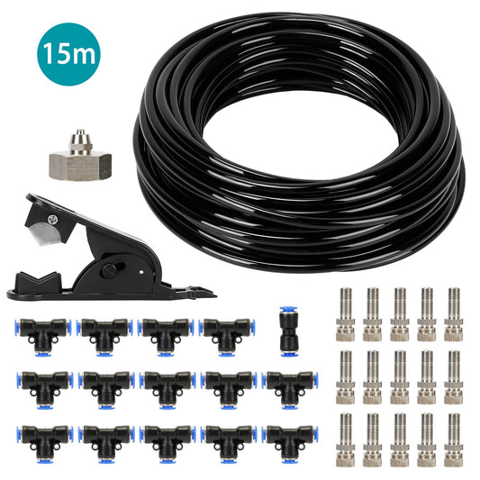 49.2ft Misting Cooling System Water Mister Nozzles Set Garden Irrigation w/ 5 Mist Nozzles for Patio Garden Greenhouse - Black - 15m