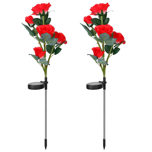 2Pcs Solar Powered Lights Outdoor Rose Flower LED Decorative Lamp Water Resistant Pathway Stake Lights For Garden Patio Yard Walkway - Red -