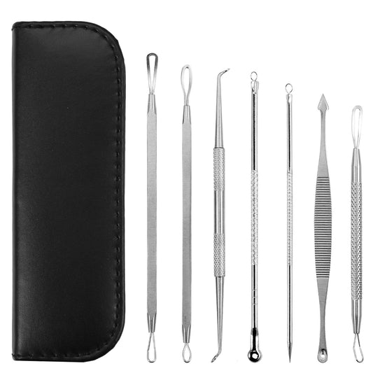 7 Pcs Blackhead Remover Kit Stainless Steel Pimple Comedone Acne Extractor Needle Tools - Black -