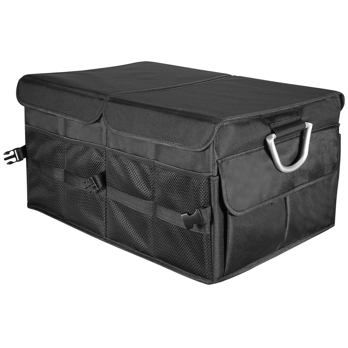 Car Trunk Organizer Collapsible Multi-Compartments Storage Cargo Box/ Cover Nonslip Bottom - Black -