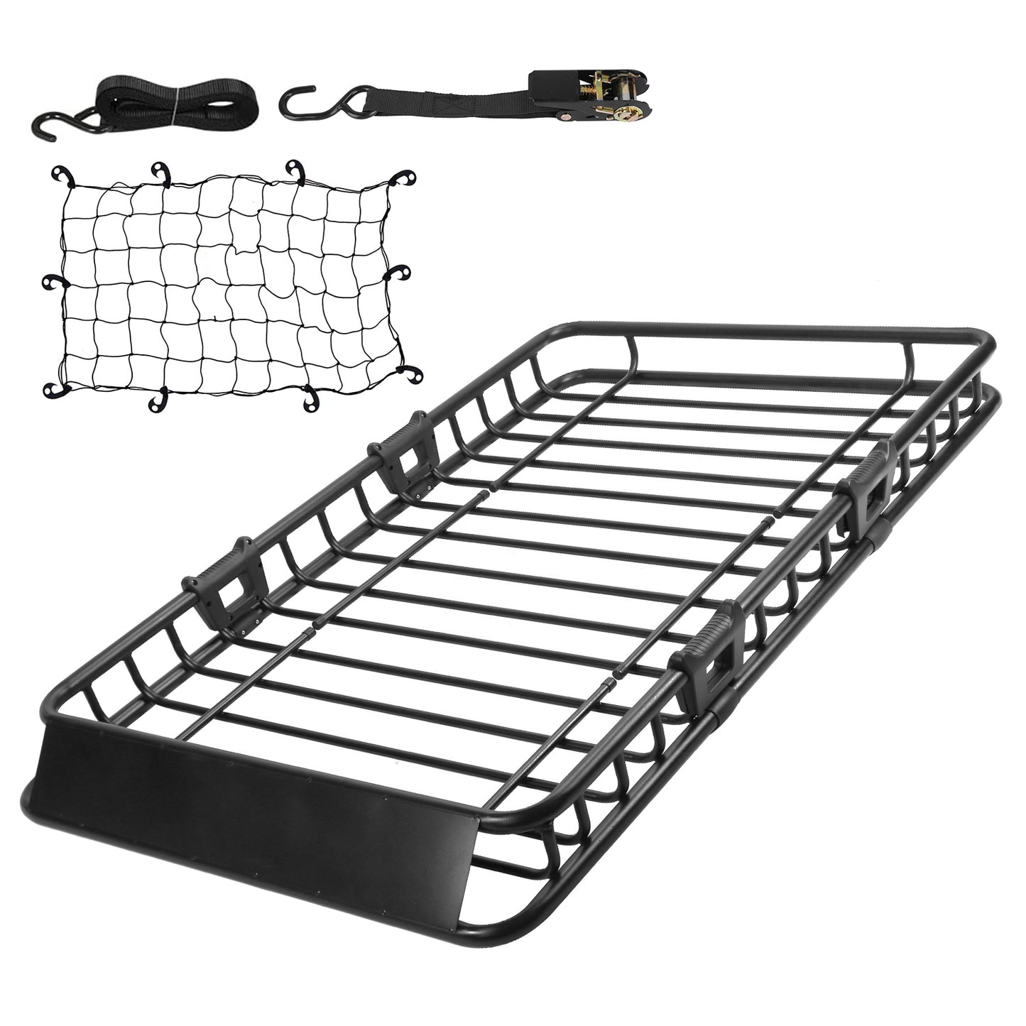 63x39x6.3in Universal Roof Rack Cargo Carrier Car Top Luggage Holder Basket with Hook Strap Elastic Net - Black -