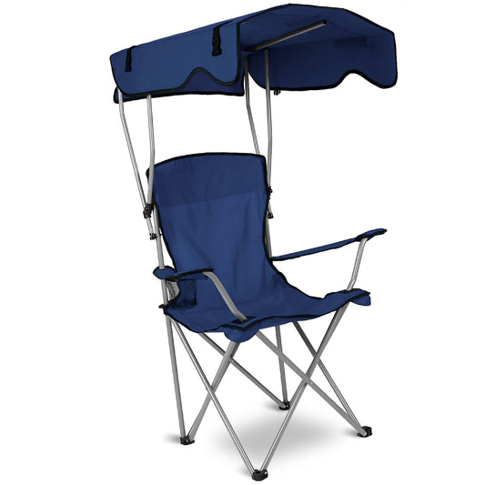 Foldable Beach Canopy Chair Sun Protection Camping Lawn Canopy Chair 330LBS Load Folding Seat w/ Cup Holder For Beach Poolside Travel Picnic - Navy Blue -