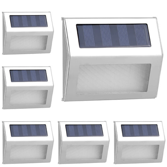 6Packs Solar Step Lights Stainless Steel Outdoor Solar Deck Lights LED Fence Lamp for Outside Garden Backyard Patio Stair Wall - White -