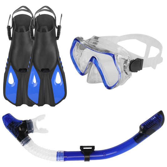 Snorkeling Gear Mask Fin Snorkel Set with Diving Mask Dry Top Snorkel Adjustable Swim Fins for Swimming Snorkeling Travel Diving - Blue - L & XL