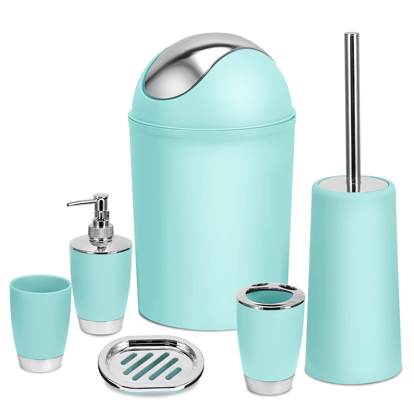 Bathroom Accessories Set 6 Pcs Bathroom Set Ensemble Complete Soap Dispenser Toothbrush Holder Tumbler Soap Dish Toilet Cleaning Brush Trash Can - Aqua -