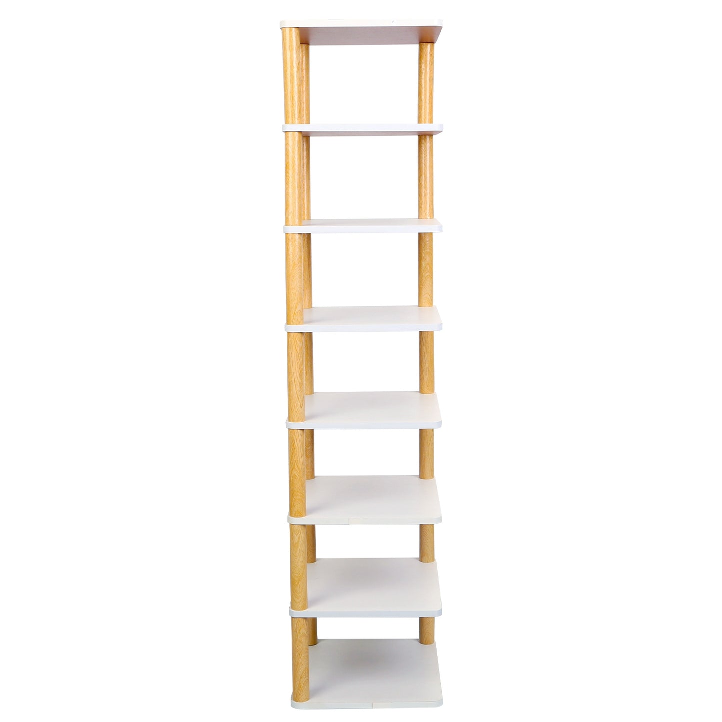 8 Tier Entryway Wooden Shoe Rack Vertical Shoe Shelf Stand Storage Organizer Small Space Saving Corner Shoe Tower Entryway Hallway Closet - White -