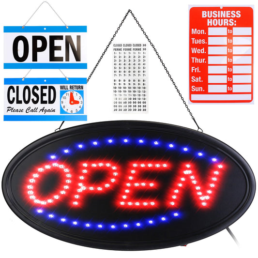 LED Open Sign 18.7x9.45in Business Neon Open Sign Advertisement Board with Steady Flashing Modes Business Hours and Open Closed Sign - Black -