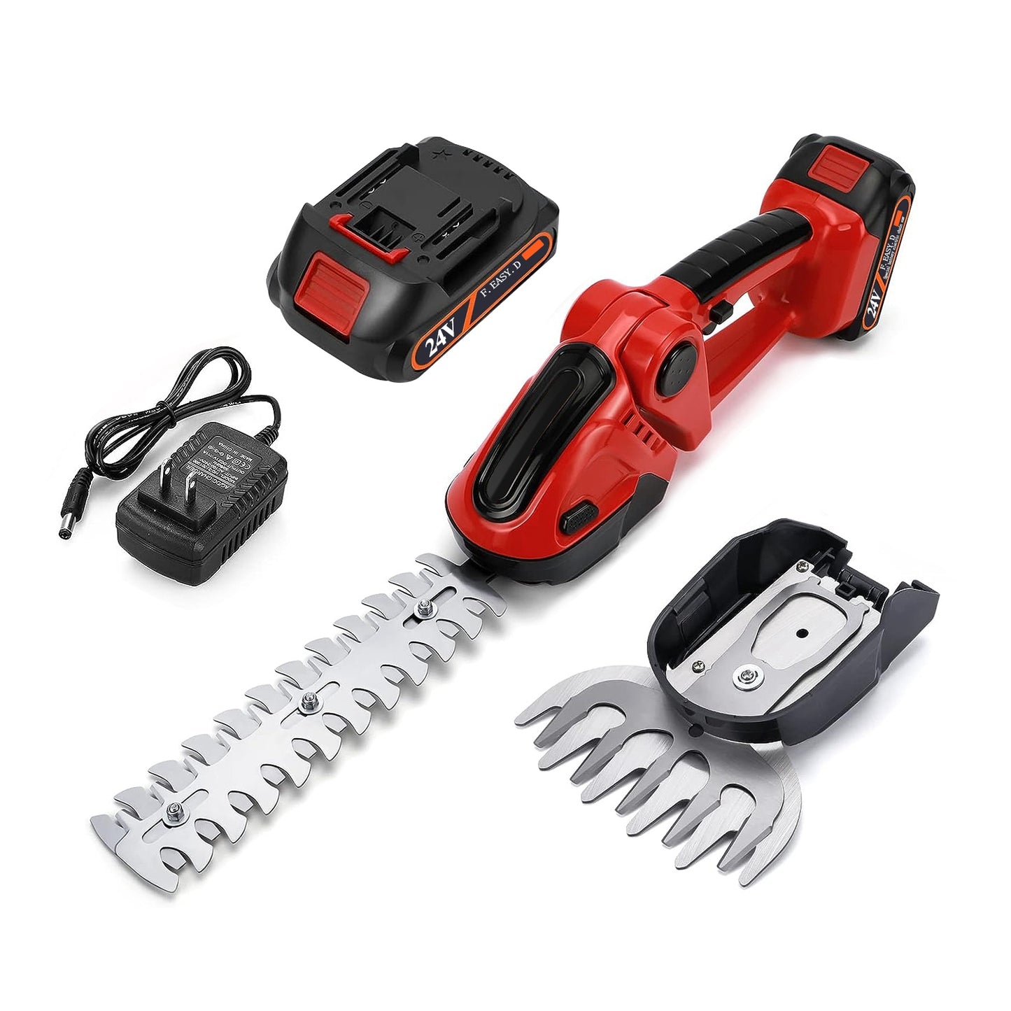 24V Cordless Handheld Grass Shear Hedge Trimmer with 90° Cutting Angle 2Pcs Replaceable Blades Electric Shrub Trimmer Hedge Cutter with Detachable Bat