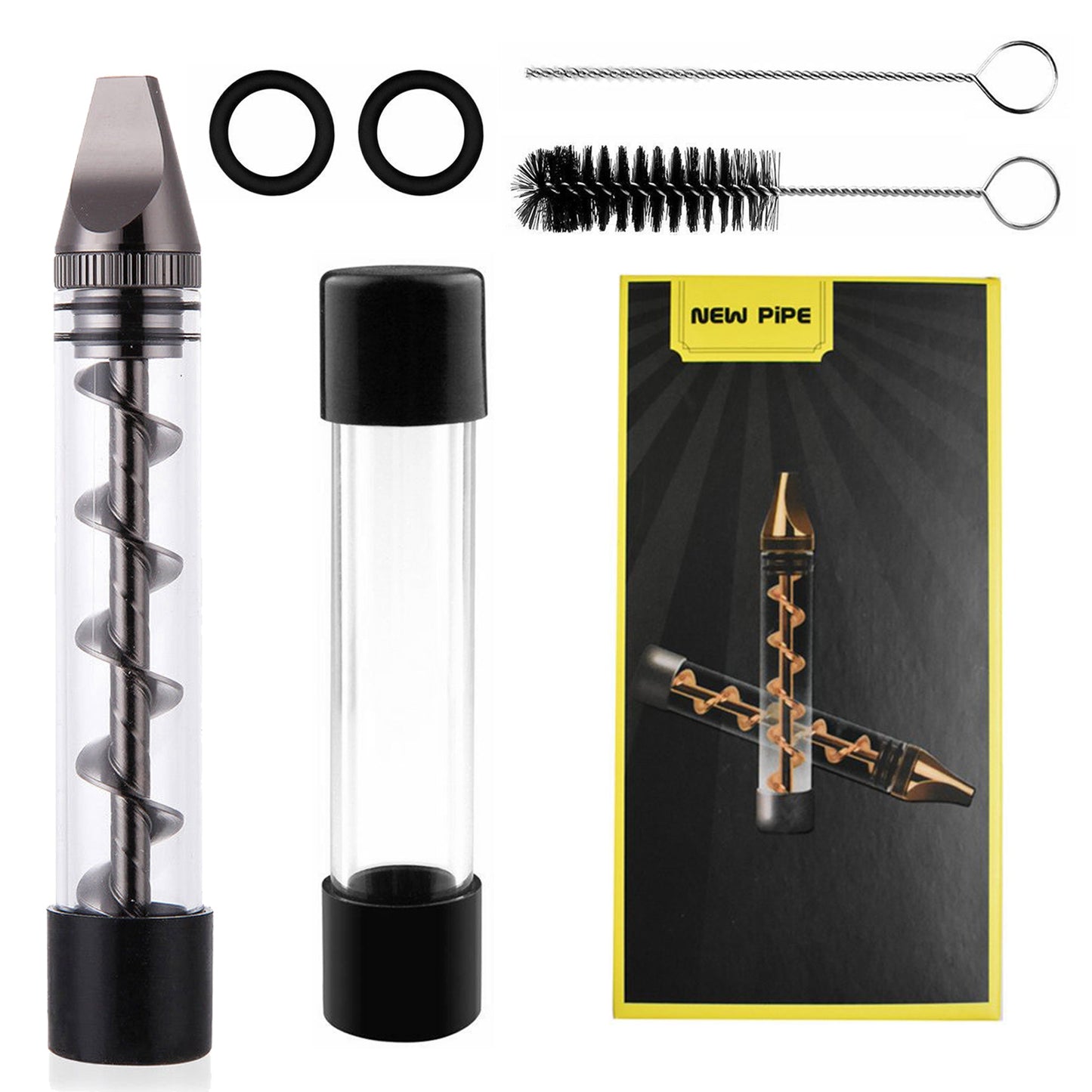 Glass Blunt Pipe Twisty 7-in-1 Grinder Blunt Kit w/ Smoking Metal Tip Cleaning Brush - Gun Metal -