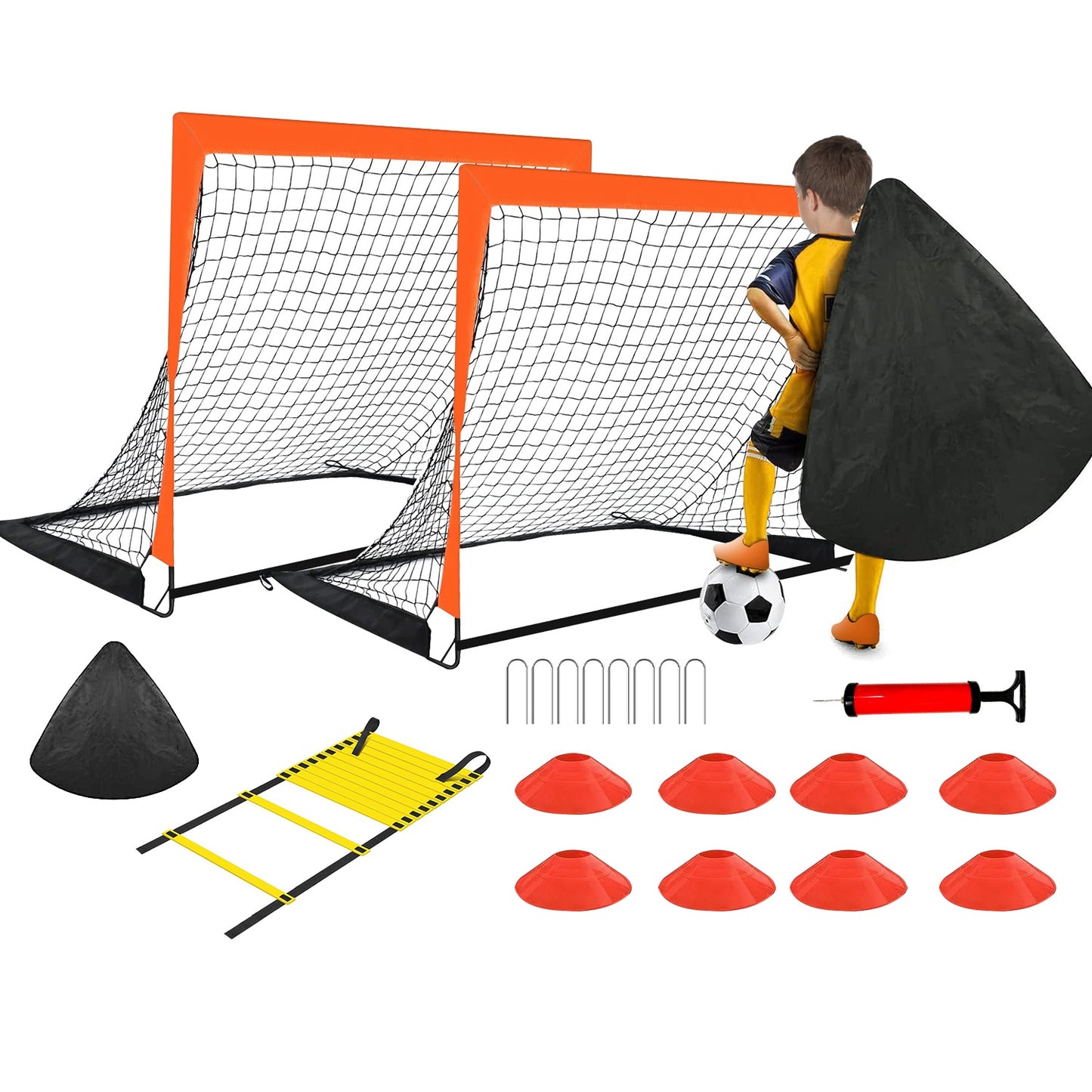 Kids Soccer Goal Training Equipment Set For Backyard Foldable 4x3FT Soccer Net Agility Ladder Inflatable Soccer Field Cones Portable Soccer Practice N - Orange -