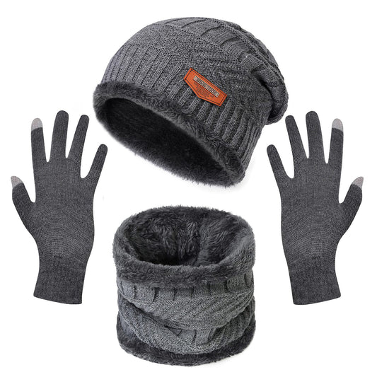 Winter Knitted Hat Scarf Gloves 3Pcs Winter Warm Beanie and Touch Screen Gloves Scarf Set Knit Beanie Skull Cap Neck Warmer Mittens for Men Women - Gray -