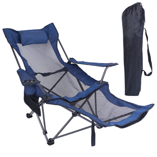 Foldable Camping Chair 330LBS Load Heavy Duty Steel Lawn Chair Collapsible Chair with Reclining Backrest Angle Cup Holder Pillow Side Pocket Carry Bag - Blue -