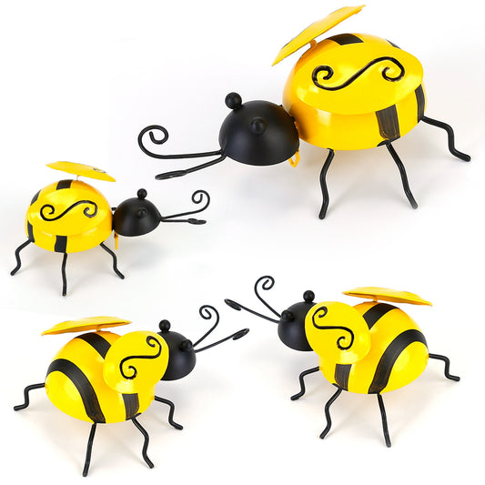 4Pcs Bumble Bee Set Ornament 3D Iron Hanging Bee Wall Decor Art Sculpture Statues Decorations For Fence Lawn Bar Living Room - Multi -