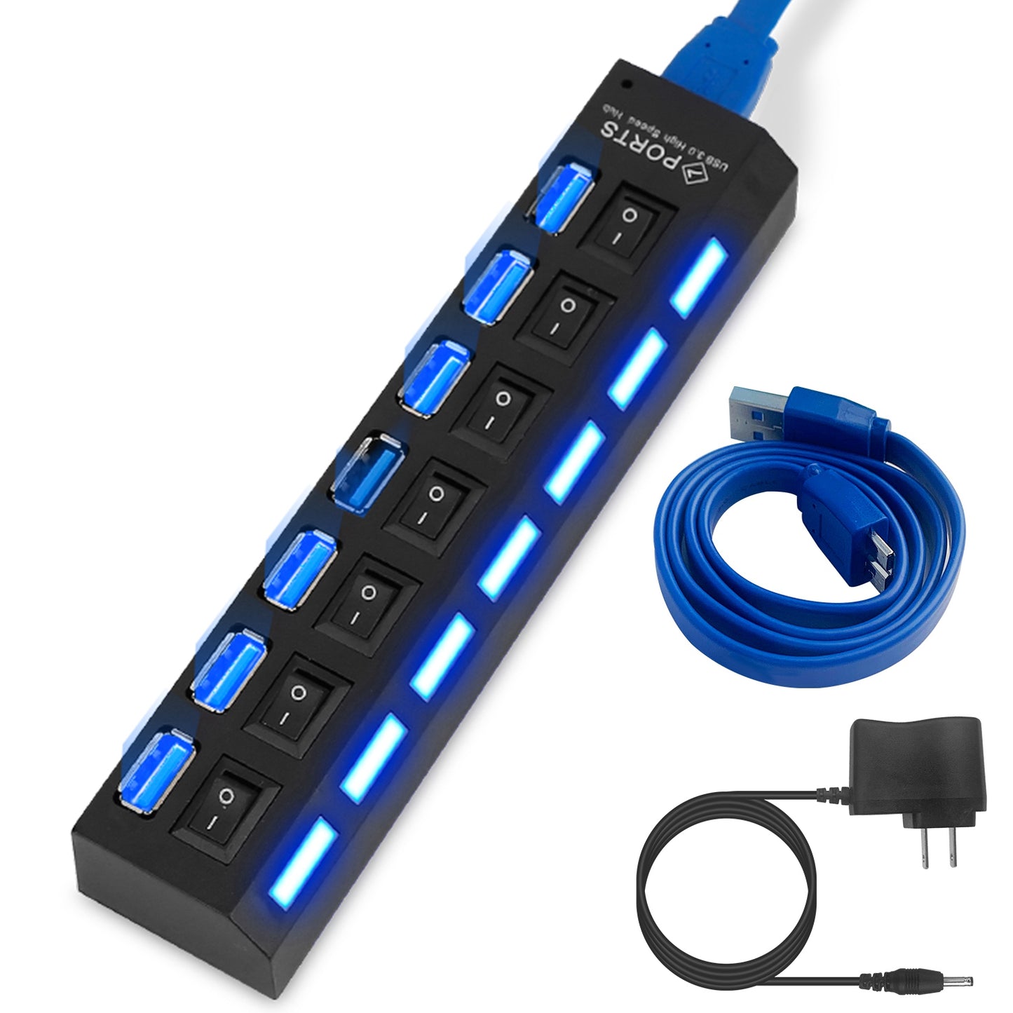 7-Port USB 3.0 Hub High Speed Multiport Data USB Hub with Individual Power Switches LEDs Power Adapter Fit for Laptop PC MacBook - Black -