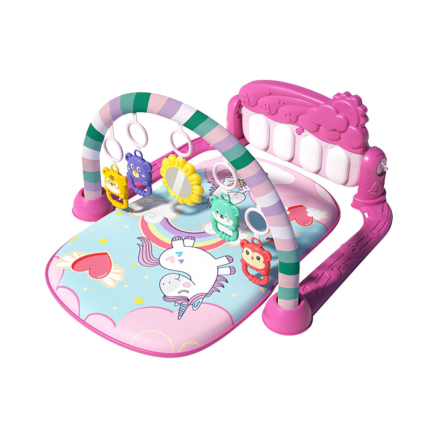 2 In 1 Baby Gym Play Mat Tummy Time Mat Musical Activity Center with 5 Rattle Toys 422 Melodies for 0-12 Months Old Space Dinosaur Unicorn - Pink -