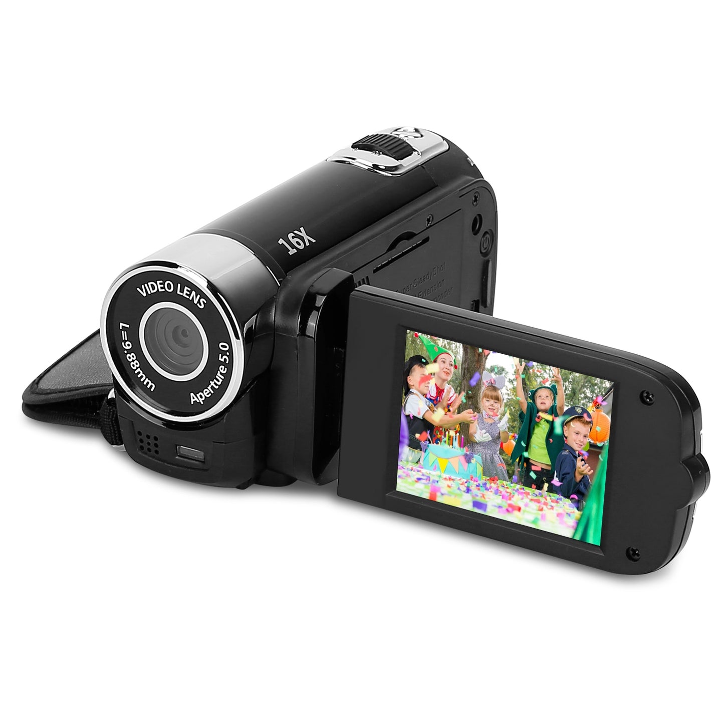 HD 1080P Digital Video Camcorder 2.7in 16X Zoom DV Camera 270° Rotation Rechargeable Kid Camera w/Fill Light Selfie - Black -