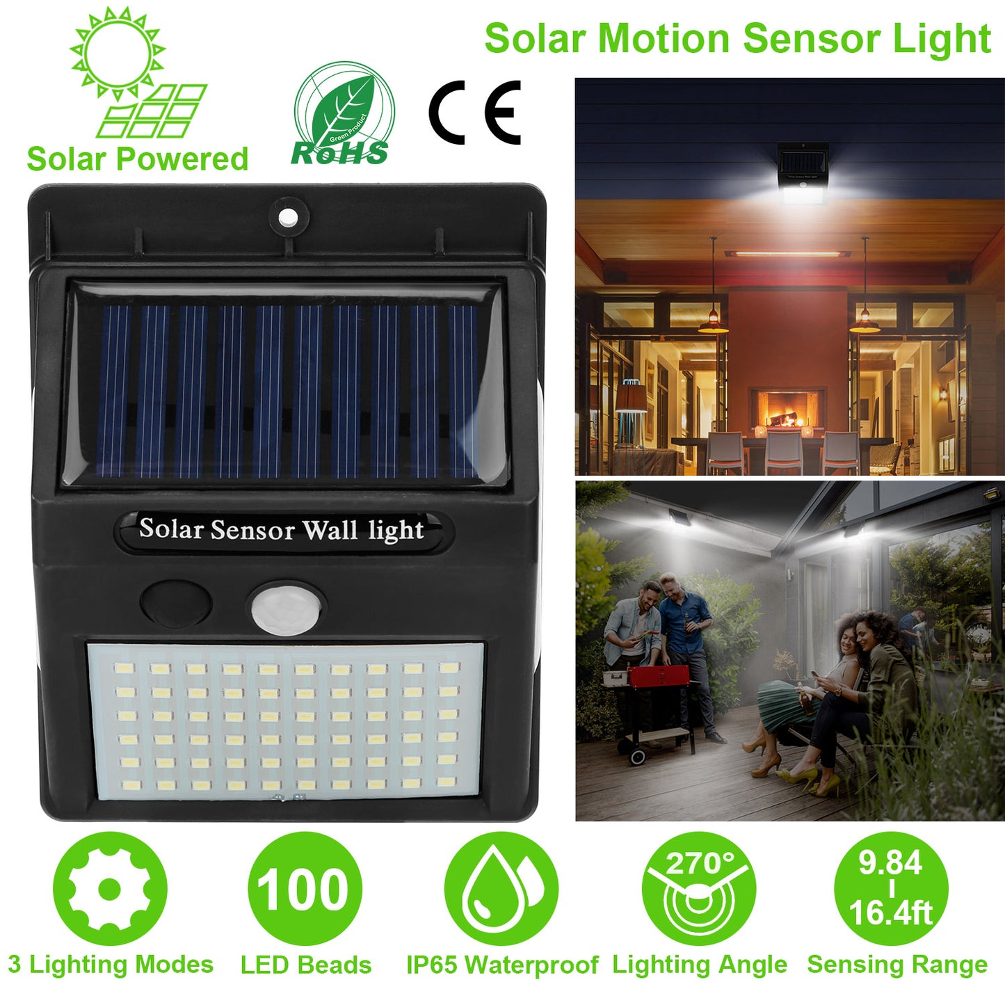 Solar Wall Light Outdoor 100 LEDs PIR Motion Sensor Lamps IP65 Waterproof Lighting for Garage Front Door Garden Pathway - Black -