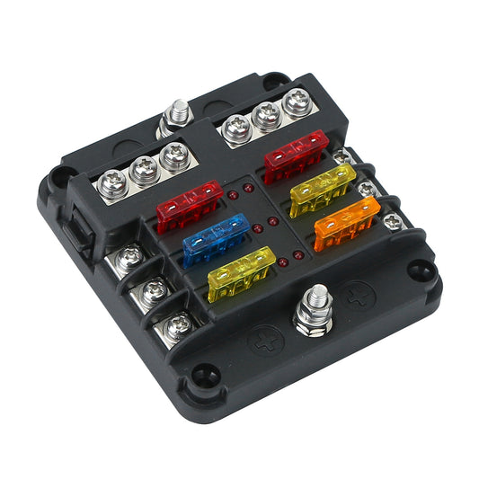 6-Way Fuse Box Holder w/ LED Indicator 6 Circuit Blade Fuse Block Sticker Label For 12-32V Automotive Boat Car SUV Marine - Black -