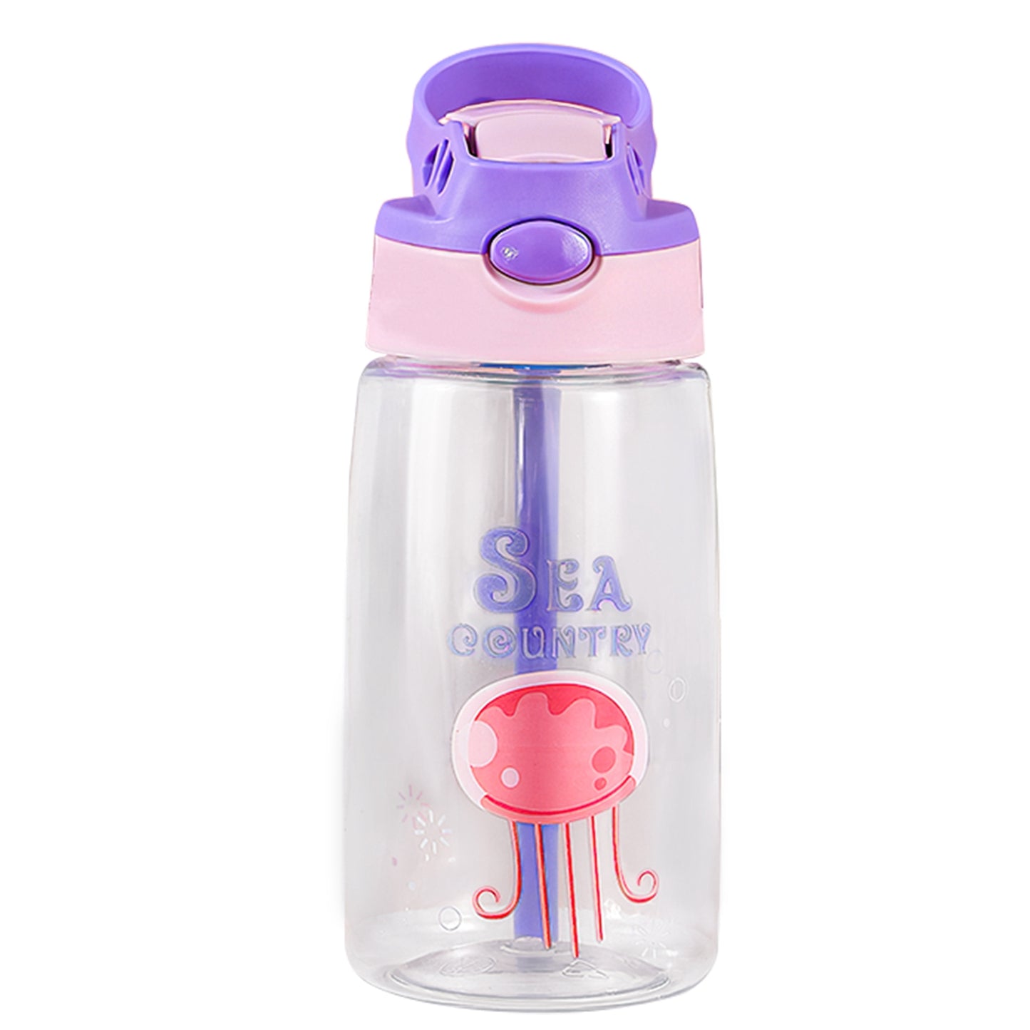 16.2Oz Leak-proof Kids Water Bottle with Straw Push Button Sport Water Bottle for Kids Crab Ship Jellyfish Rocket - Jellyfish -