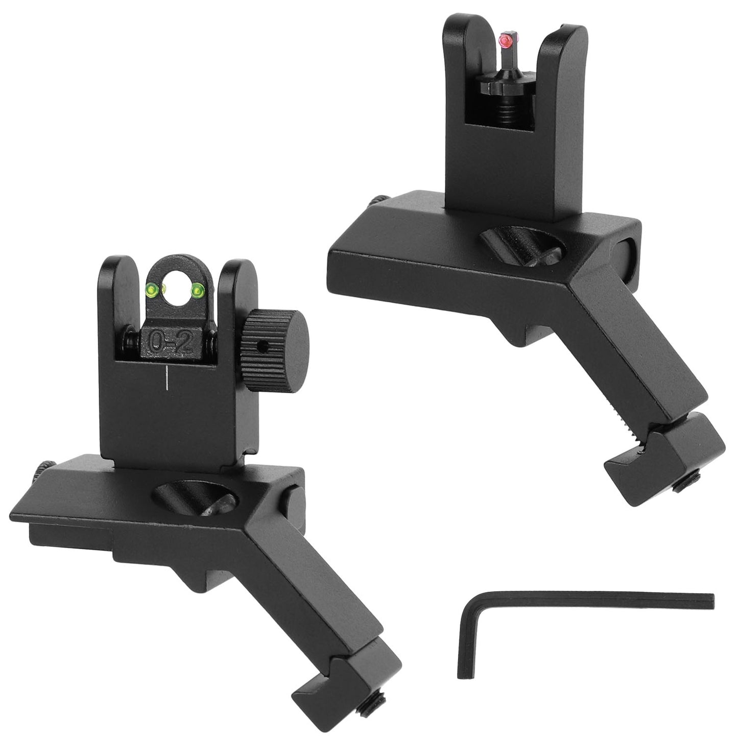 45 Degree Offset Rear Front Flip Up Sights Fiber Optics Aluminum Sights Tactical Folding Back Up Sight Set with Red Green Dots Fit Picatinny Weaver Ra - Black -