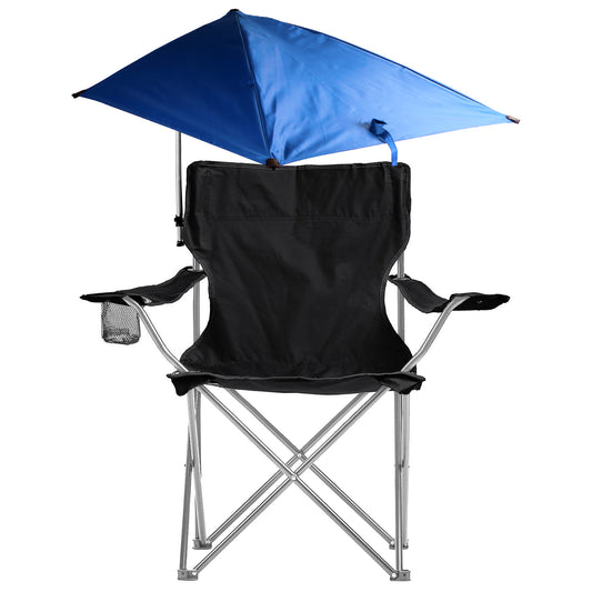 Foldable Beach Chair with Detachable Umbrella Armrest Adjustable Canopy Stool with Cup Holder Carry Bag for Camping Poolside Travel Picnic Lawn Chair - Black -