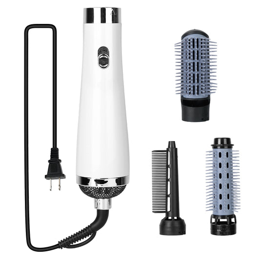 3 In 1 Hot Air Brush One-Step Hair Dryer Comb 3 Interchangeable Brush Combs Volumizer Hair Curler Straightener 66.93in Rotatable Cable w/ 3 Heating Ad - White -