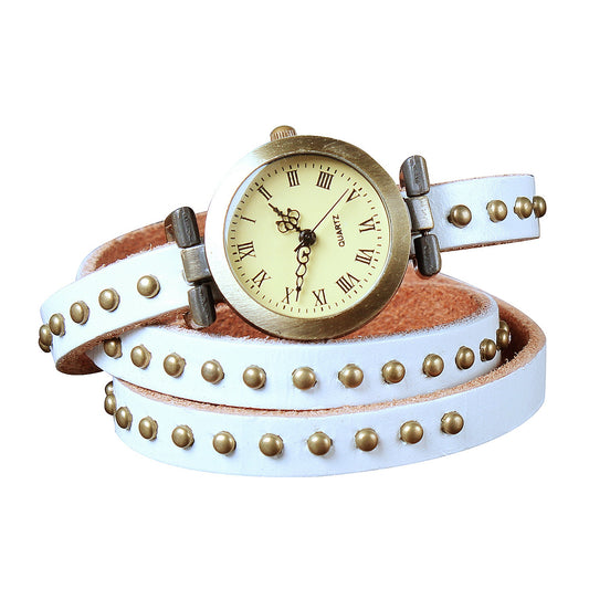 Fashionable Rivet Leather Belt Retro Watch Hand Chain-white - White -