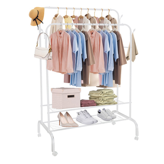 Garment Hanging Rack Clothing Hanging Rail Pillow Shoe Display Organizer Clothes Organizer Stand with 2 Rails 2 Shelves 4 Rolling Wheels 4 Hooks - White -