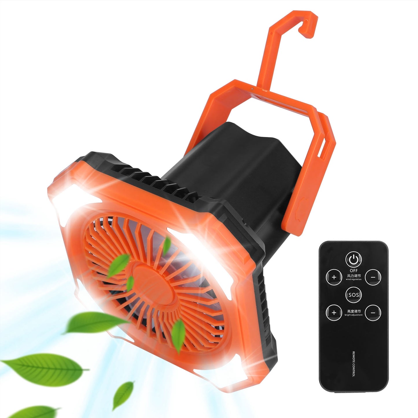 Portable Camping Lantern Fan 10000mAh Battery Powered Hanging Fan USB Rechargeable Tent Fan with 4 Light Modes 3 Wind Modes Emergency Power Bank Remot - Orange -