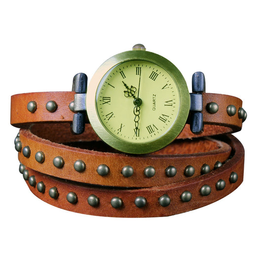 Fashionable Rivet Leather Belt Retro Watch Hand Chain-orangered - Orange Red -