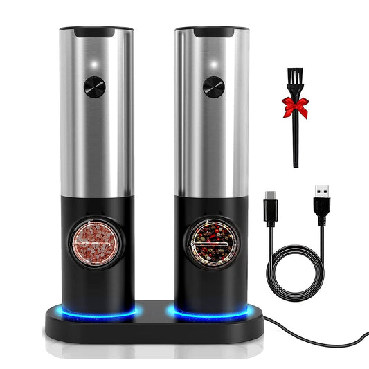 Electric Salt and Pepper Grinder Rechargeable Charging Base Automatic Salt Mill LED Indicator Adjustable Coarseness One Hand Easy Operation