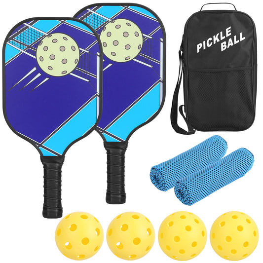 Pickleball Set 2 Fiberglass Paddles 4 Outdoor Indoor Balls Portable Carry Bag 2 Cooling Towel Lightweight Ergonomic Grip for Beginners Pros - Multi -