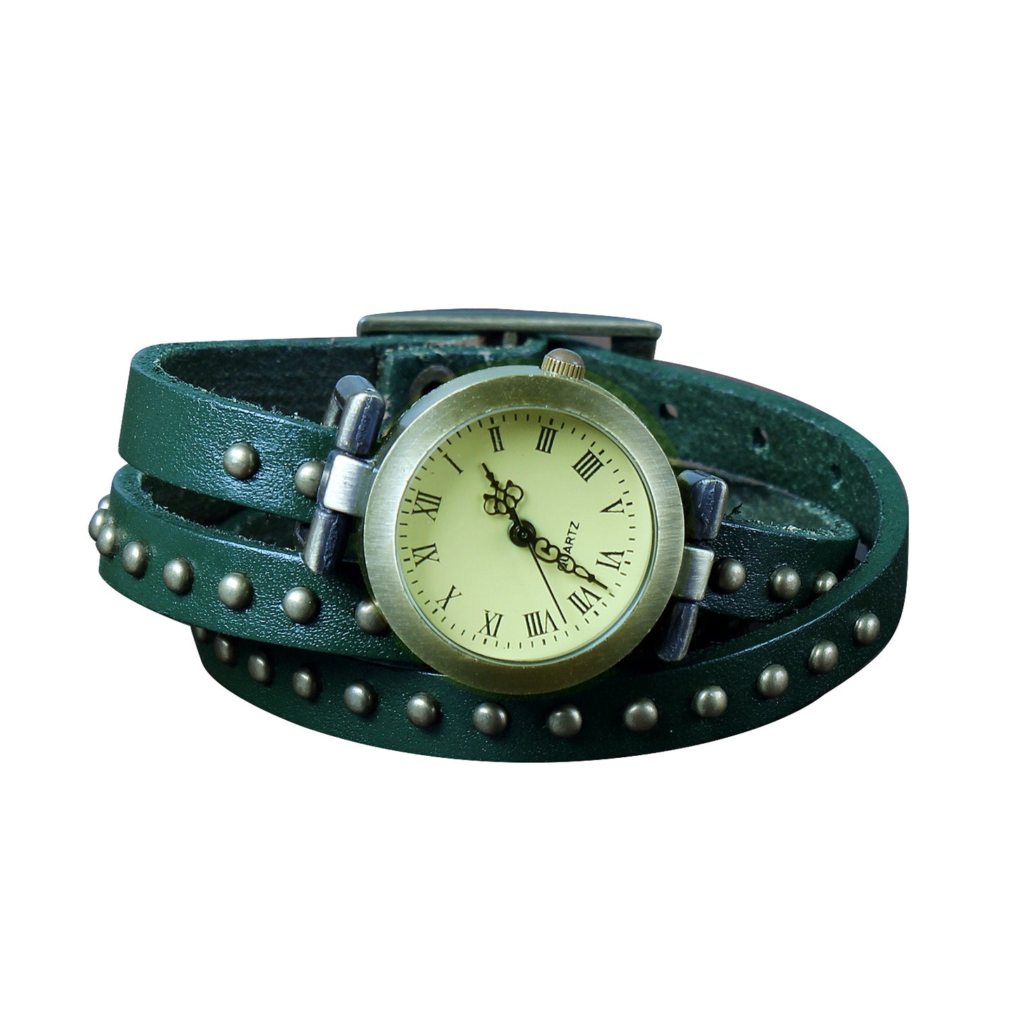 Fashionable Rivet Leather Belt Retro Watch Hand Chain-green - Green -