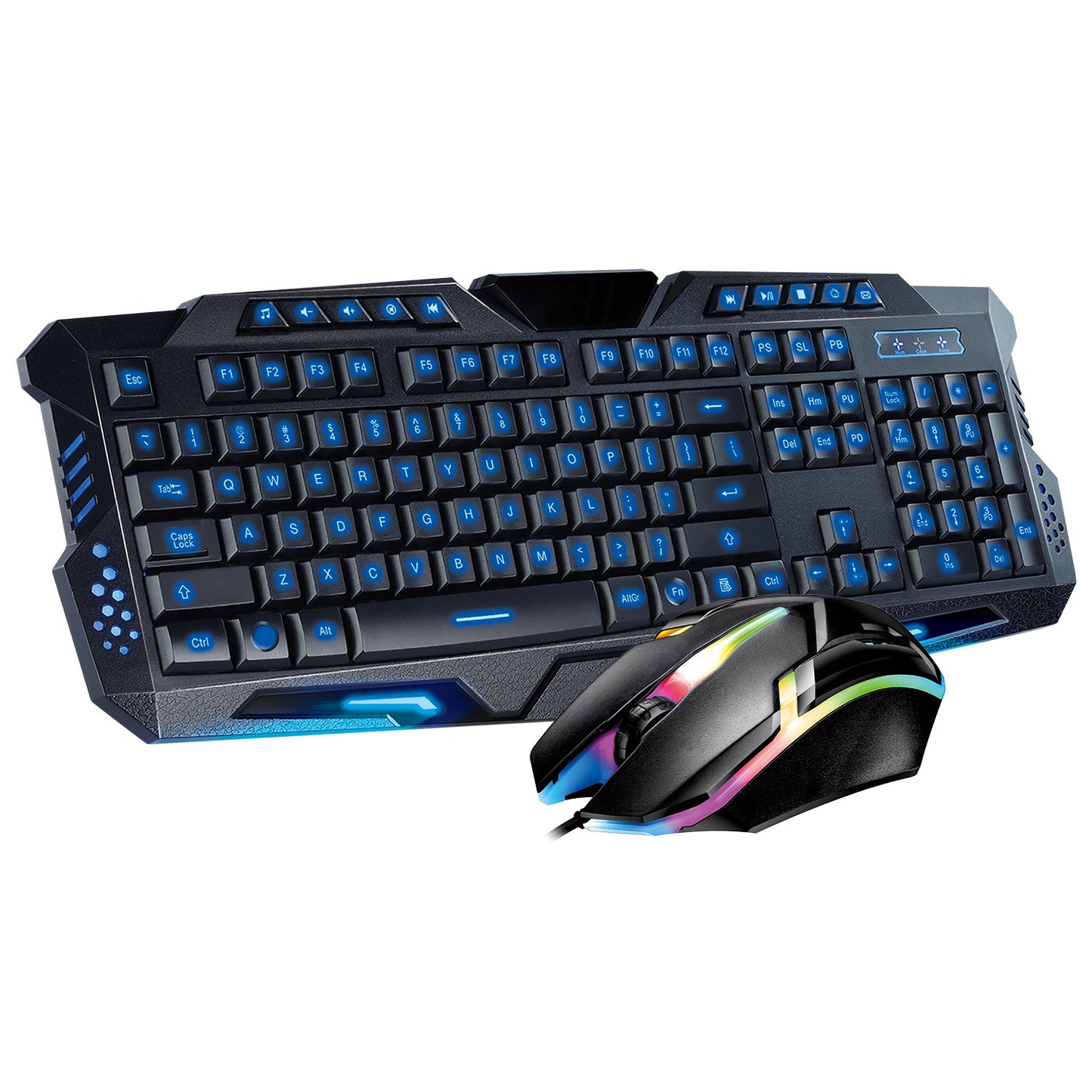 114-Key Wired Gaming Keyboard Mouse Set 3-Color Backlit Gaming Keyboard w/ RGB Colorful 1000 DPI Gaming Mouse - Black -