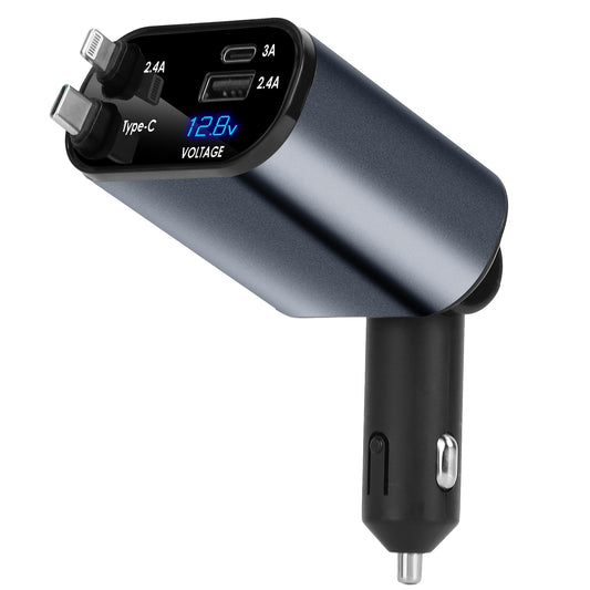 100W 4 In 1 Fast Car Charger USB C Car Charger 180ºAdjustable Car Phone Charger with Retractable Type-C LT Cable Voltage Monitor Fit for IOS Phone iPa - Black -