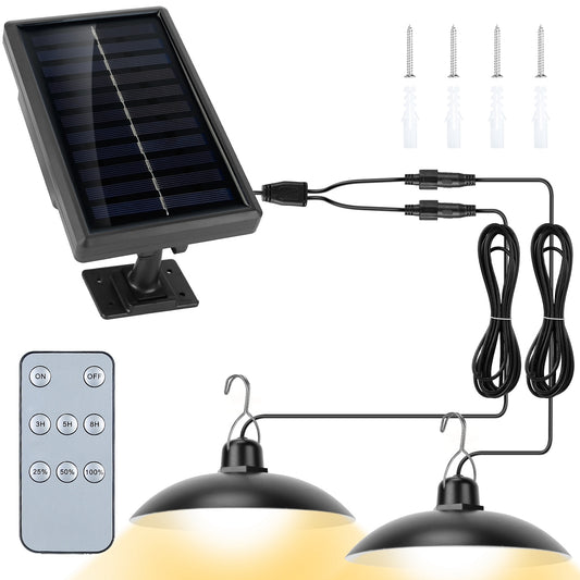 Solar Shed Lights Dual Lighting Heads Dimmable Timing Auto Sensor Turn Off Hanging Lamp IP65 Waterproof Remote Control Pendant Light For Garden Patio - Black -