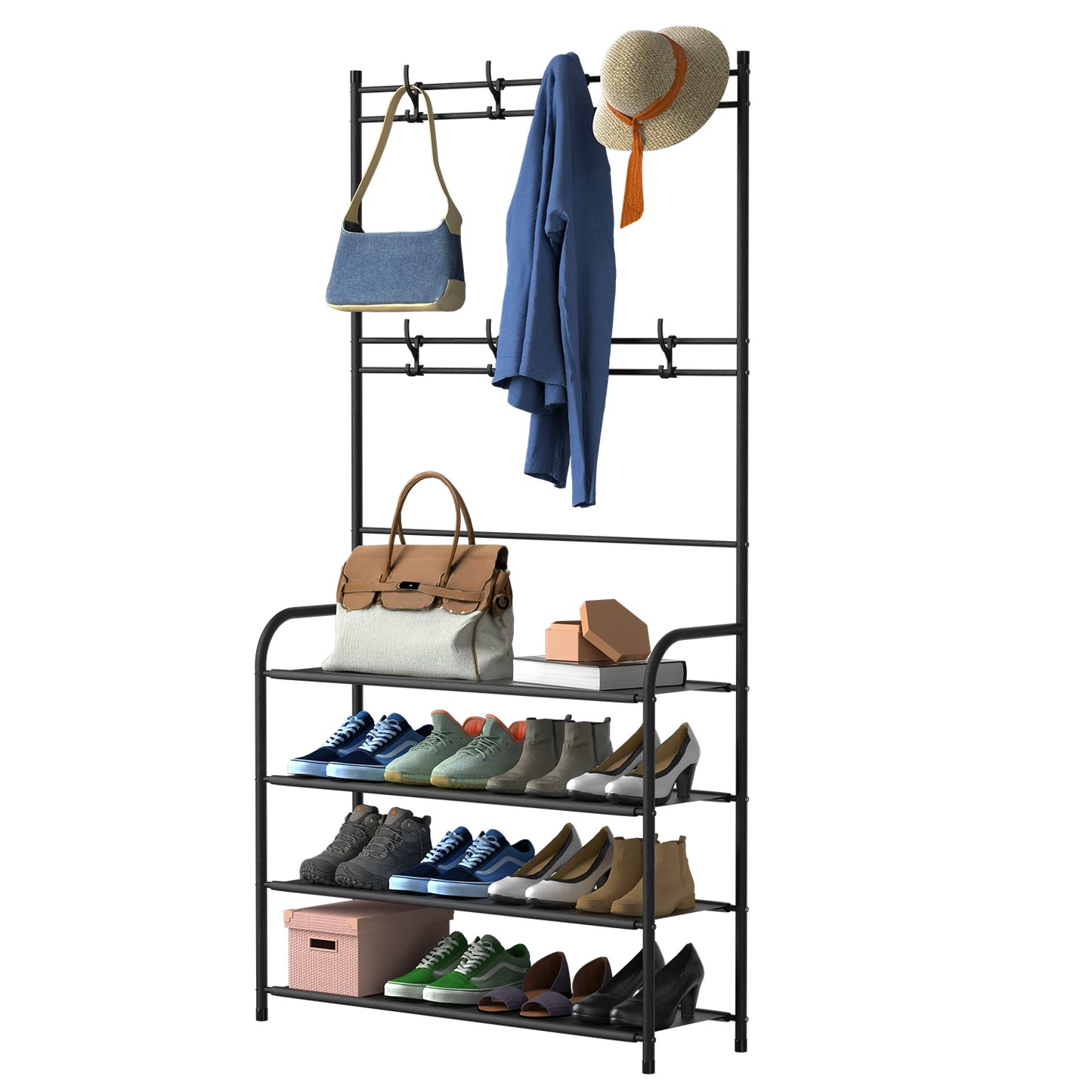 Entryway Coat Hat Rack Shoe Storage Shelf 4 Tier Shoe Rack Freestanding Hall Tree Garment Hanger Stand Clothes Shoe Organizer Combo - Black -