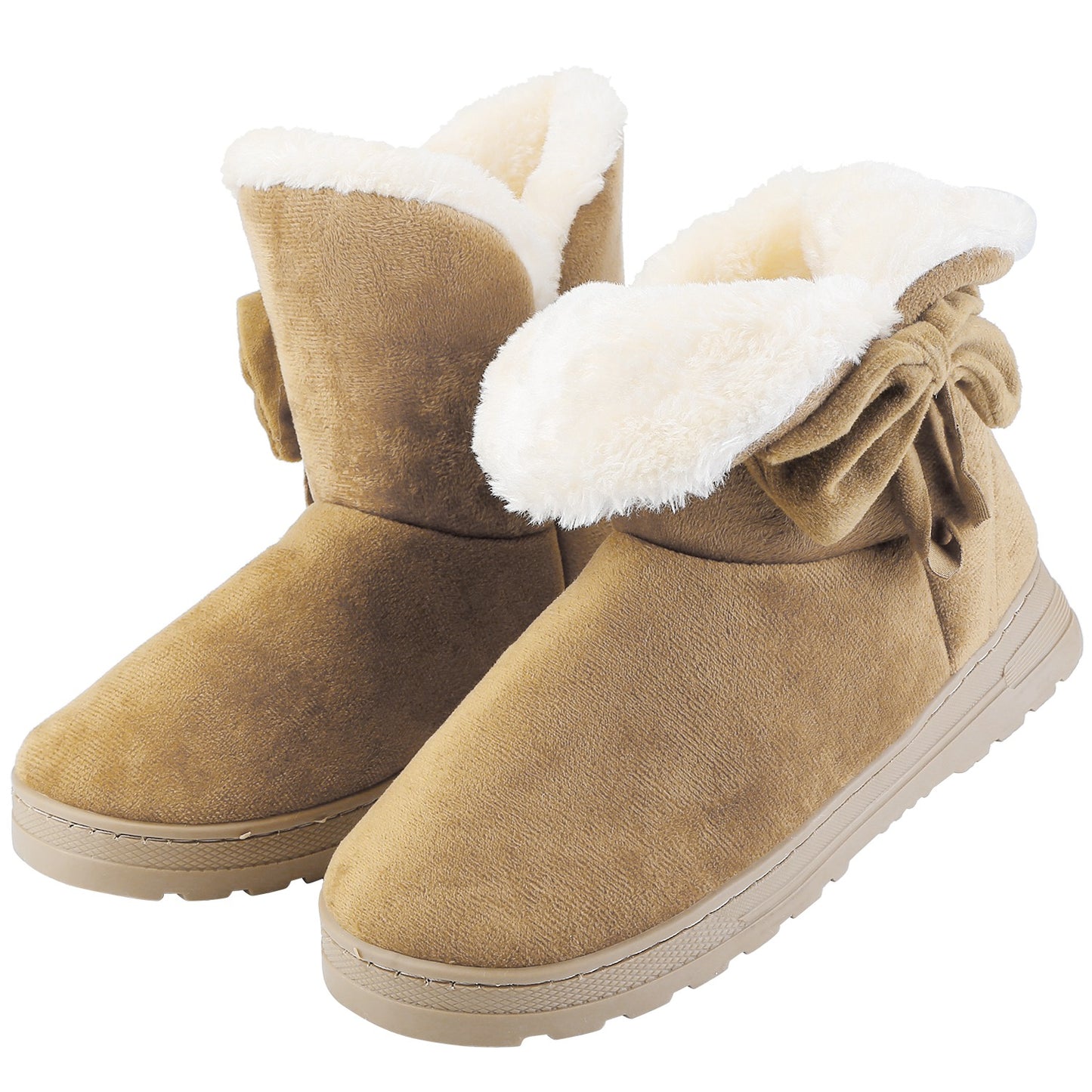 Women Ladies Snow Boots Super Soft Fabric Mid-Calf Winter Shoes Thickened Plush Warm Lining Shoes w/ Anti-slip Rubber Base Bowknot - Beige - 7