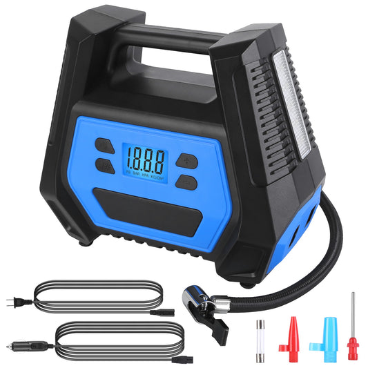 Portable Tire Inflator 150 PSI 120W Max Power Tire Pump with Digital Display LED Light Inflatable Nozzle Needle Fuse Air Compressor for Bikes Motorbik - Black -