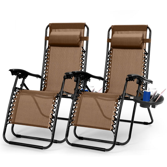 2Packs Zero Gravity Lounge Chair w/ Dual Side Tray 330lbs Load Foldable Recliner Chair w/ Stress Relief Pillow Patio Poolside Beach Lying Chair - Brown -