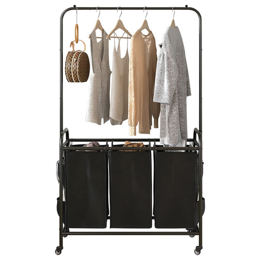 3 Bags Laundry Sorter with Garment Hanging Bar Laundry Hamper Rolling Cart Laundry Basket Organizer with Lockable Wheels 3 Removable Bags - Black -