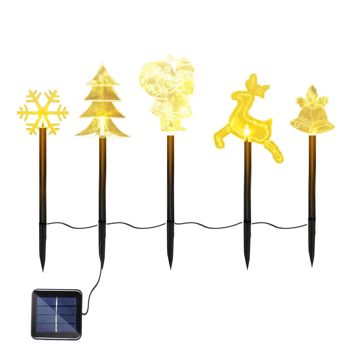 5Pcs Mixed Christmas Decoration Light Solar Stake Light Waterproof Reindeer Snowflake Bell Christmas Tree Santa Claus Light Outdoor Landscape Light - Black -