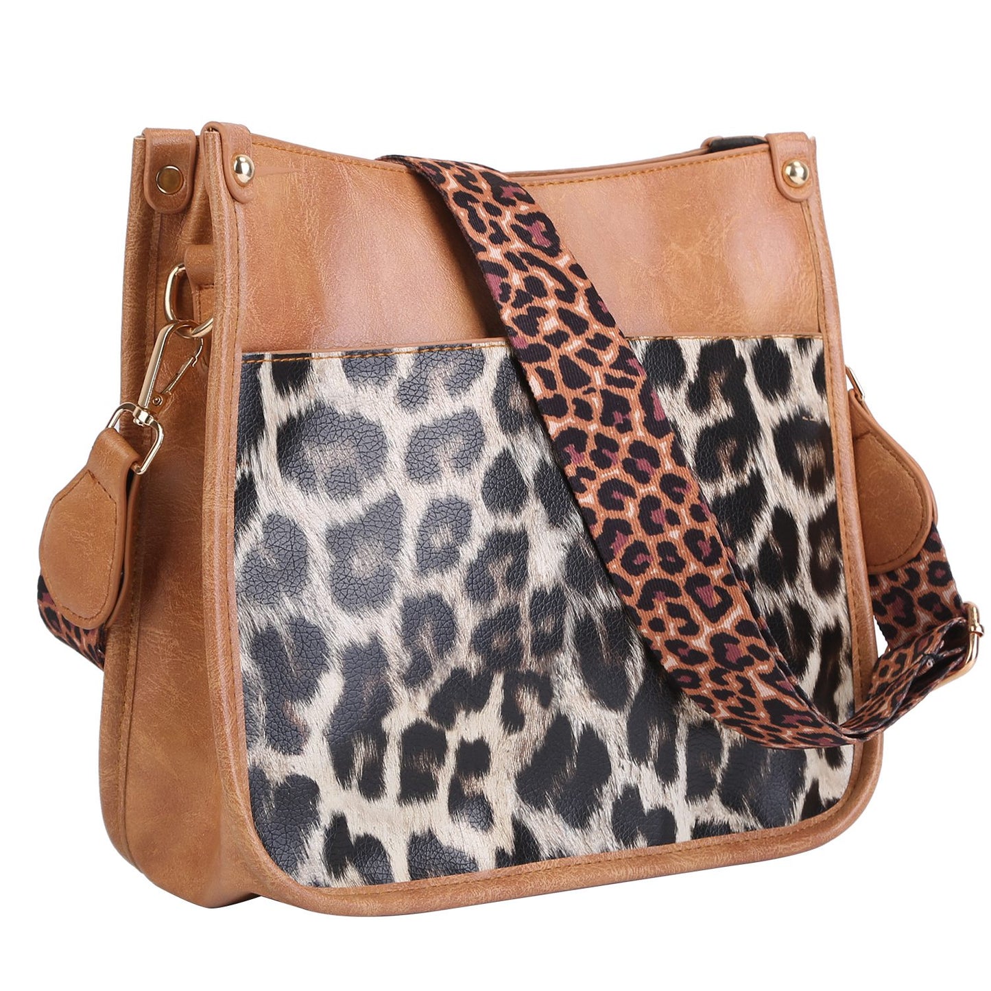 Women Fashion Leather Crossbody Bag Shoulder Bag Casual Handbag with Flexible Wearing Styles Adjustable Guitar Strap - Leopard -