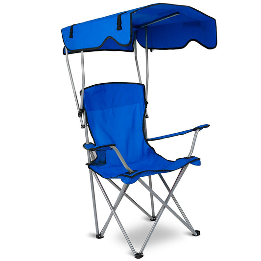 Foldable Beach Canopy Chair Sun Protection Camping Lawn Canopy Chair 330LBS Load Folding Seat w/ Cup Holder For Beach Poolside Travel Picnic - Blue -